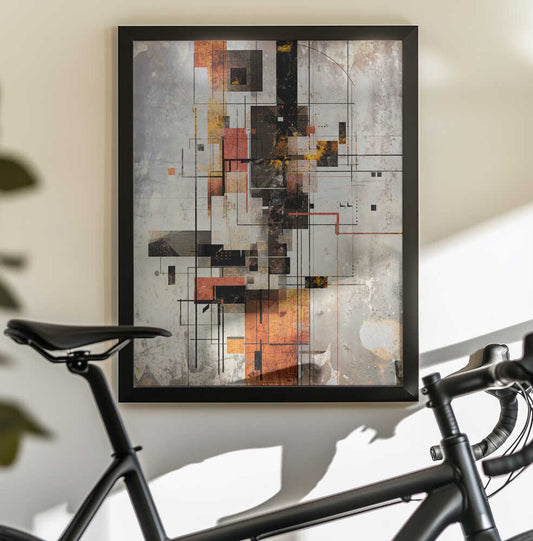 Geometric Illustration 04 by Rafal Kulik, black-framed artwork above a bicycle; orange and black rectangular blocks interwoven with fine architectural grid lines.