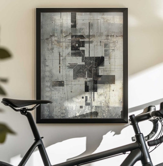 Geometric Illustration 06 by Rafal Kulik, black-framed artwork above a bicycle; layered charcoal rectangles and delicate grid lines over a pale weathered background.