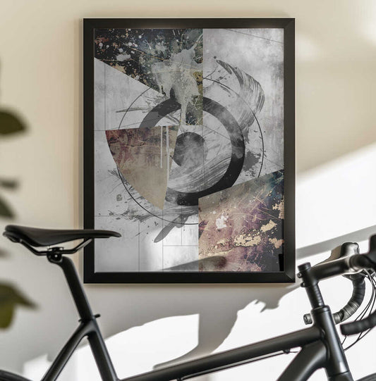 Geometric Vintage Art 10 by Rafal Kulik, black-framed artwork above a bicycle; broken black circular bands and sweeping marks over layered gray and muted brown fields.