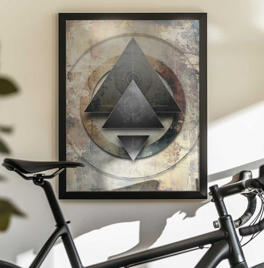 Geometric Vintage Art 11 by Rafal Kulik, black-framed artwork above a bicycle; layered dark triangles within a large circular outline on a weathered neutral ground.