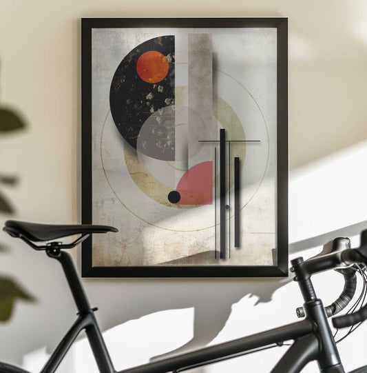 Geometric Vintage Art 15 by Rafal Kulik, black-framed artwork above a bicycle; layered pale circles and vertical blocks with a black curved field and small orange disc.