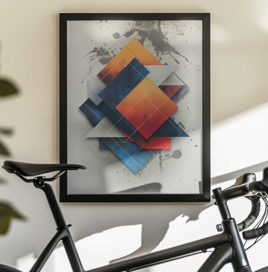 Geometric Vintage Art 16 by Rafal Kulik, black-framed artwork above a bicycle; overlapping orange, red and blue diamond-shaped planes on a pale distressed background.