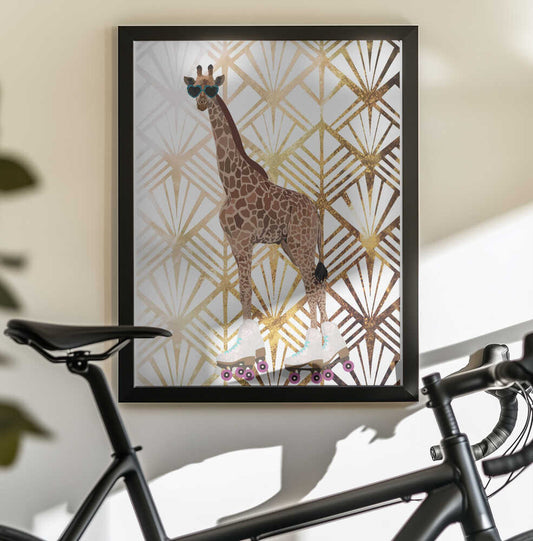 Giraffe Rollerskates Art Deco by Sarah Manovski, black-framed artwork above a bicycle; a giraffe in sunglasses and roller skates against a gold-toned geometric fan pattern.