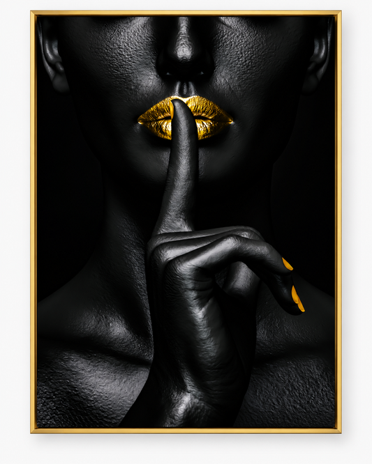 Golden Silence | Glam Lips Pop Art Canvas Wall Art — gold floating frame front view