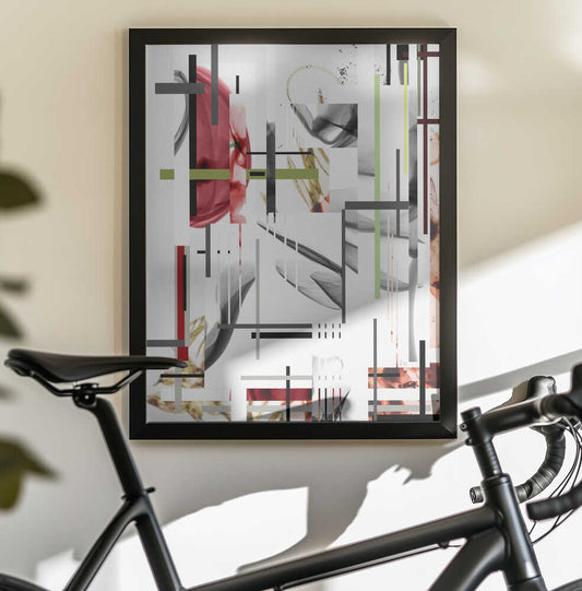 Iron by Pelin Atilla, black-framed artwork above a bicycle; red and grayscale botanical fragments intersected by black, gray and pale green bars.