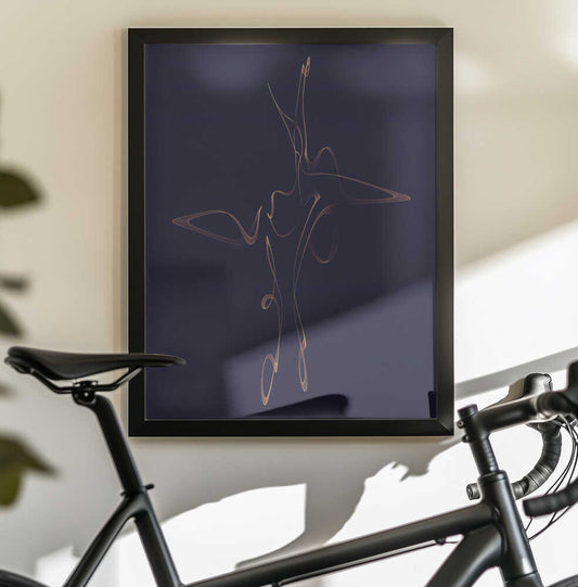 Klein 2944 by AV11, black-framed artwork above a bicycle; slender copper-colored loops and elongated lines on a dark blue-purple background.
