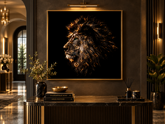 Majestic Lion | Luxury Fashion-Inspired Canvas Wall Art — gold-framed canvas above a console