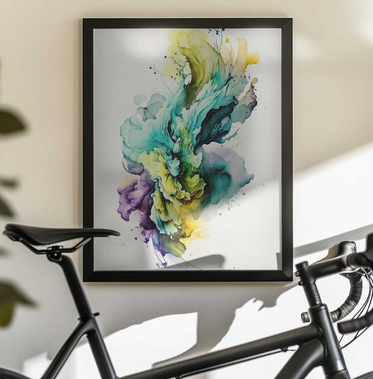 Marvelous Mush by Mauro, black-framed artwork above a bicycle; turquoise plumes with yellow and violet flowing forms.