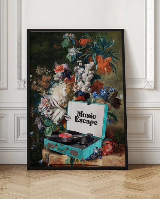 Music Escape | Floral Vinyl Art Canvas Print by Dikhotomy — black-framed canvas leaning against a wall