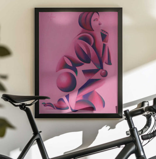 Neo Deco - 15-10-25 by Corné Akkers, black-framed artwork above a bicycle; a stylized kneeling figure in profile built from pink and plum geometric forms.