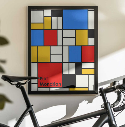 Piet Mondrian by jay stanley, black-framed artwork above a bicycle; red, blue and yellow rectangles divided by a black grid.