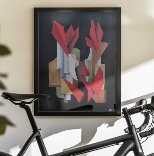Plenty of Opportunities by Alexander Trifonov, black-framed artwork above a bicycle; red folded forms with pale tubes and warm geometric blocks.