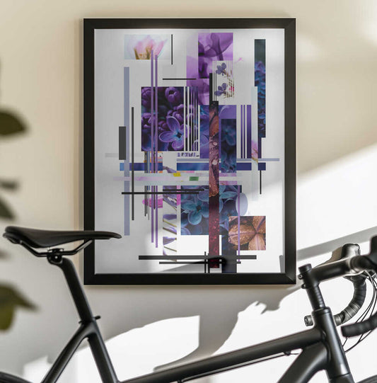 Potassium by Pelin Atilla, black-framed artwork above a bicycle; purple and blue flower fragments layered with narrow geometric bars on white.