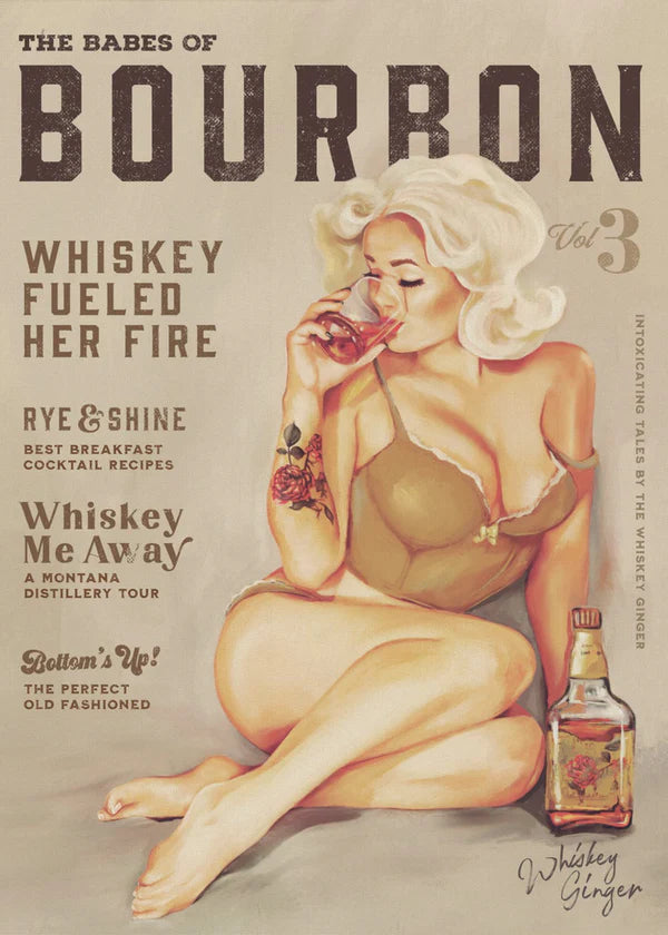 Babes of Bourbon Vol 3 Sexy Vintage Pin Up Girl Drinking Whiskey 24"x 36" Canvas Wall Art