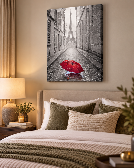 Red Paris Umbrella | Black & White City Photography Canvas Print — canvas above a bed