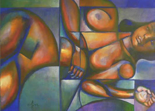 Roundism 12-05-18 by Corné Akkers, front view of the artwork; a reclining figure in warm orange planes crossed by blue and green curved divisions.