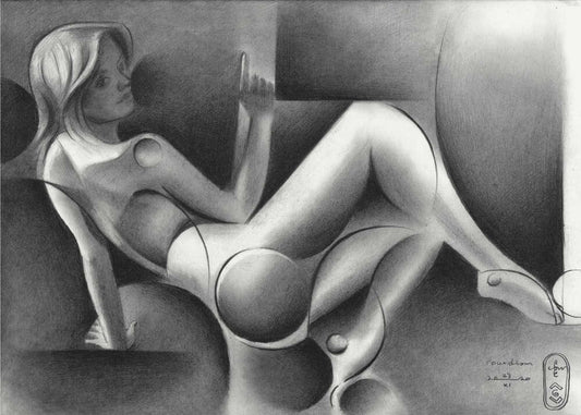 Roundism - 23-11-20 by Corné Akkers, front view of the artwork; a reclining figure with a raised knee and circular forms in black and white.