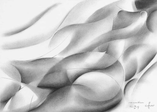 Roundism - 24-11-17 by Corné Akkers, front view of the artwork; a grayscale figure merging with pale sweeping folds and rounded shaded forms.