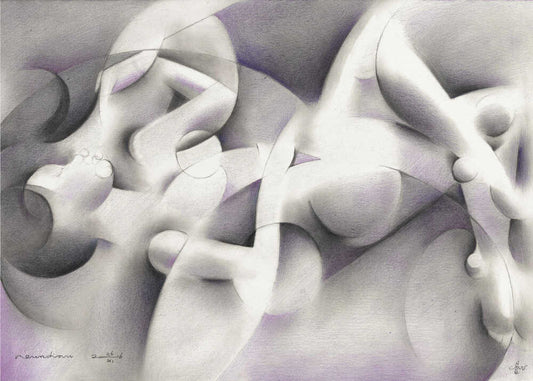 Roundism - 26-11-16 by Corné Akkers, front view of the artwork; pale interlocking figure forms and rounded contours with soft gray and lilac shading.