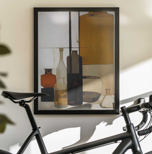 Shapes of Stillness by Treechild, black-framed artwork above a bicycle; bottles and rounded vessels in warm neutral geometric fields.