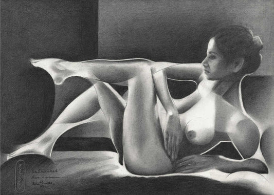 Solarized Roundism - 26-11-21 by Corné Akkers, front view of the artwork; a reclining figure with bent legs and bright curved highlights against dark shading.