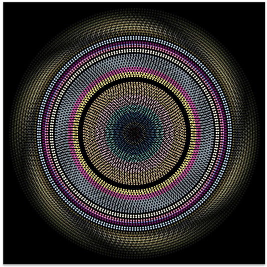 Spinning (5) by Angelo Cerantola, front view of the artwork; concentric dotted circles with pink, yellow and teal bands on a black background.