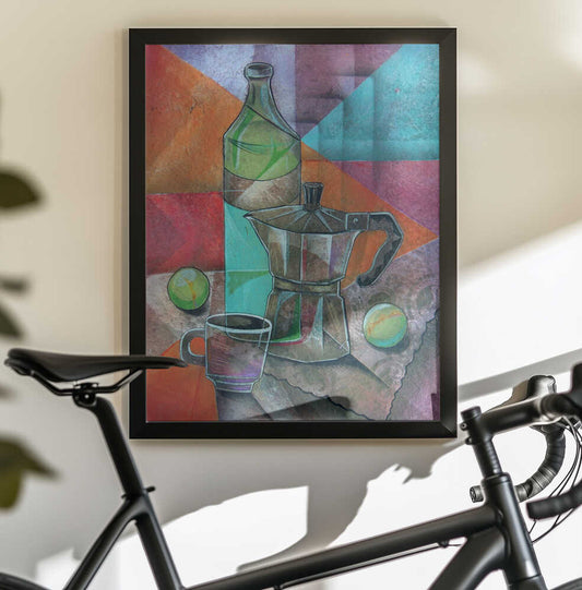 Still Life with Coffee Pot by Ricardo Maya, black-framed artwork above a bicycle; geometric coffee pot, bottle and cup with bright color fields.