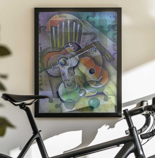 Still Life with Guitars by Ricardo Maya, black-framed artwork above a bicycle; overlapping guitars beside a chair and green still-life forms.