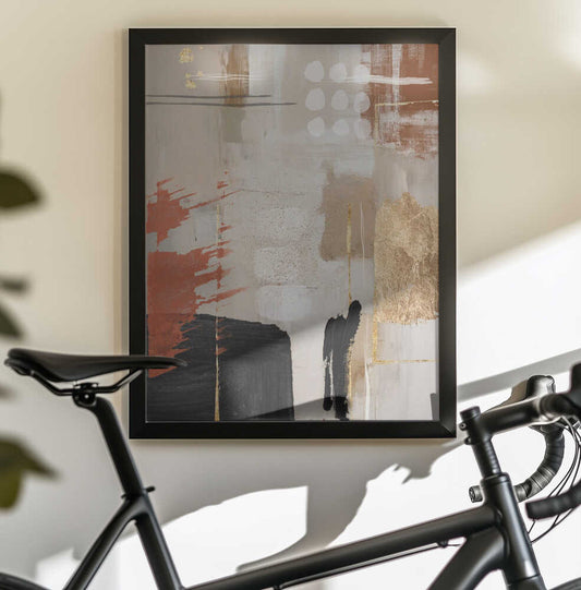 Terracotta Chaos 1 by Sally Ann Moss, black-framed artwork above a bicycle; terracotta brushwork, cream shapes and black abstract marks.