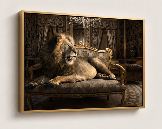 The King at Leisure | Canvas Print | Surrealist Luxury Wildlife Art — gold floating frame front view