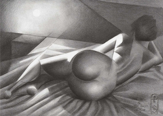 The Venus of the Hague - 23-05-20 by Corné Akkers, front view of the artwork; a reclining figure on angular folded bedding with strong gray light and shadow.