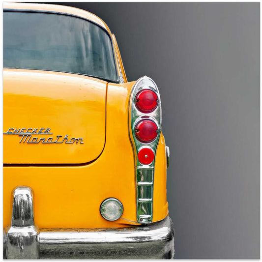 The Yellow Cab by Roland Weber, front view of the artwork; rear corner of a yellow vintage car with red tail lights.