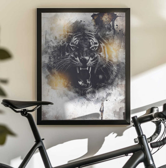Tiger Poster Art 03 by Rafal Kulik, black-framed artwork above a bicycle; a roaring tiger face emerging from black-and-white marks and warm gold-colored accents.