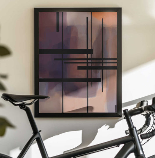 View From a Window 1 by Simona Gocan, black-framed artwork above a bicycle; black intersecting bars over smoky plum, mauve and warm peach color fields.