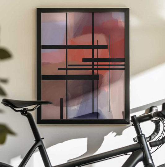 View From a Window 2 by Simona Gocan, black-framed artwork above a bicycle; intersecting black bars over soft coral, pink, mauve and muted blue fields.