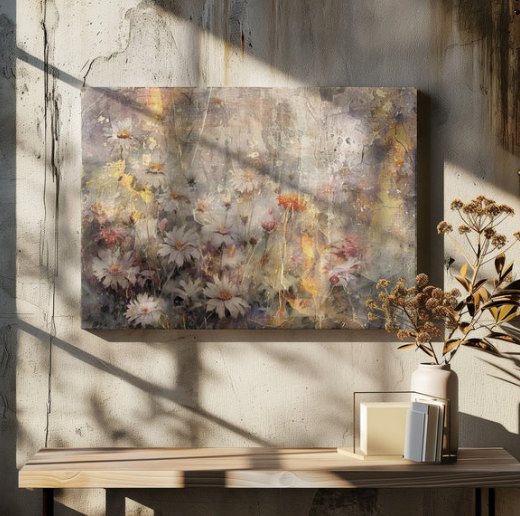 Vinatage Daisy Field 36" X 24" Floral Art Illustration Varnished Canvas Print