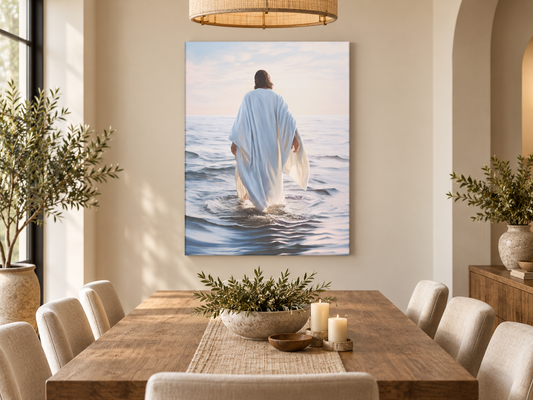 Walking on Water Canvas Print | Jesus Religious Wall Art — canvas above a dining table