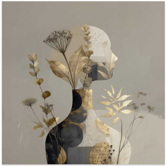 Where Silence Grows by Bella Eve, front view of the artwork; a profile silhouette layered with delicate botanical stems and muted gold leaves.