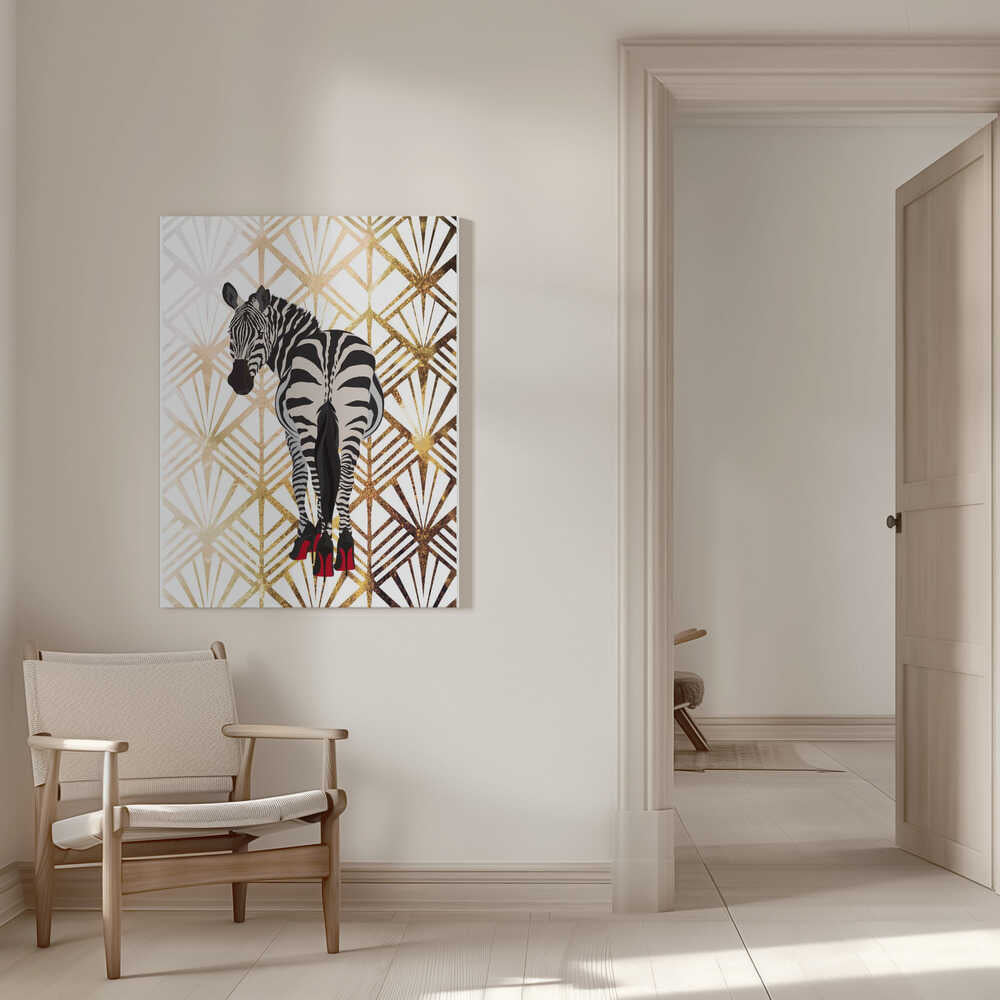 Zebra Heels Art Deco by Sarah Manovski, canvas beside a wood chair and open doorway; a zebra in red high heels against a pale gold-toned Art Deco fan pattern.