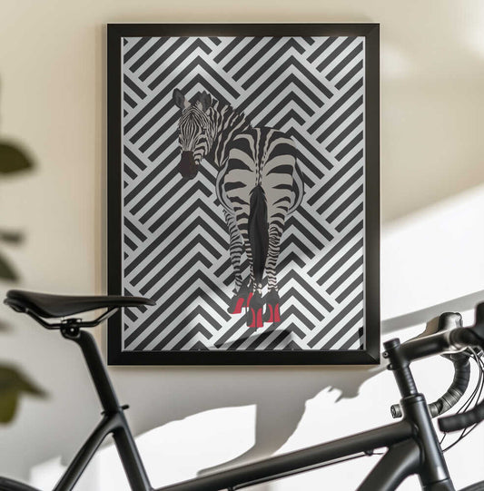 Zebra heels retro by Sarah Manovski, black-framed artwork above a bicycle; a zebra wearing red high heels against a black-and-white chevron background.