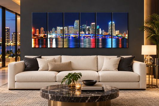 Miami Skyline After Dark multipanel canvas in an illustrative living room