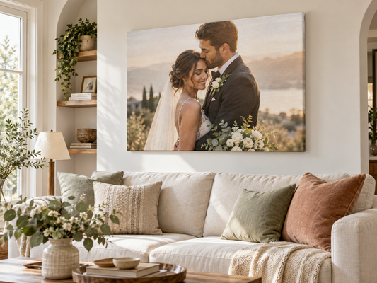 Wedding photo printed on a gallery wrapped canvas in a bright living room