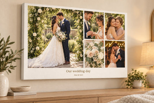 Wedding photo collage on a gallery-wrapped canvas displayed on a bedroom wall, with visible white wrapped edges.