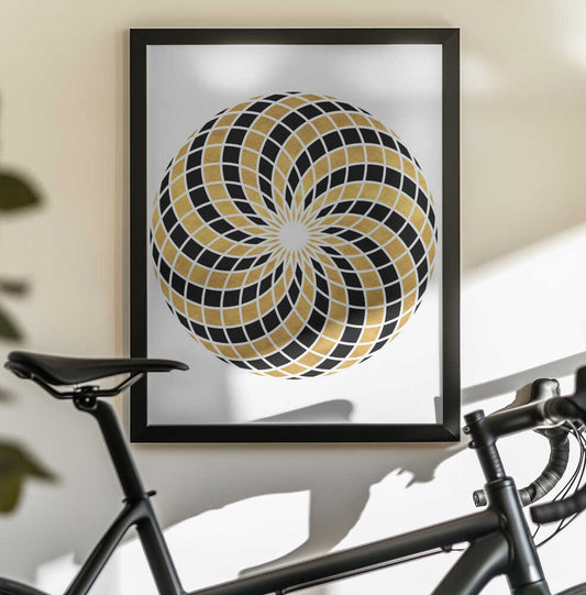 1 Mix 42 by Emiliano Deificus, black-framed artwork above a bicycle; black and gold-toned optical spiral with white grid lines.