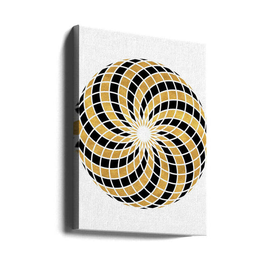 1 Mix 42 by Emiliano Deificus, gallery-wrapped canvas viewed at an angle; black and gold-toned optical spiral with white grid lines.