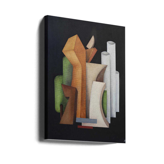 12 tones of Arnold Schoenberg by Alexander Trifonov, gallery-wrapped canvas viewed at an angle; warm angular forms and pale upright cylinders on charcoal.