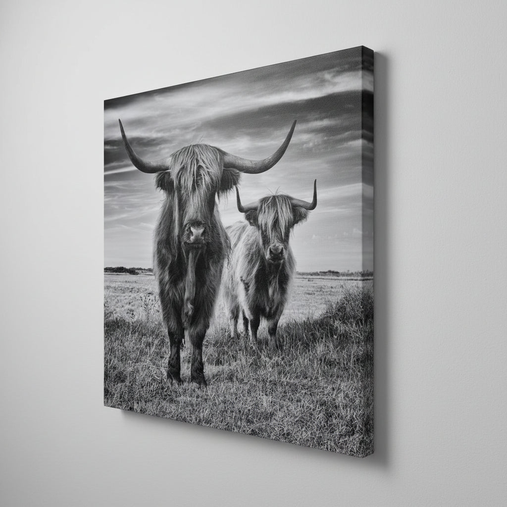 Highland Cows Black & White Photograph 24in x 24in Canvas Print