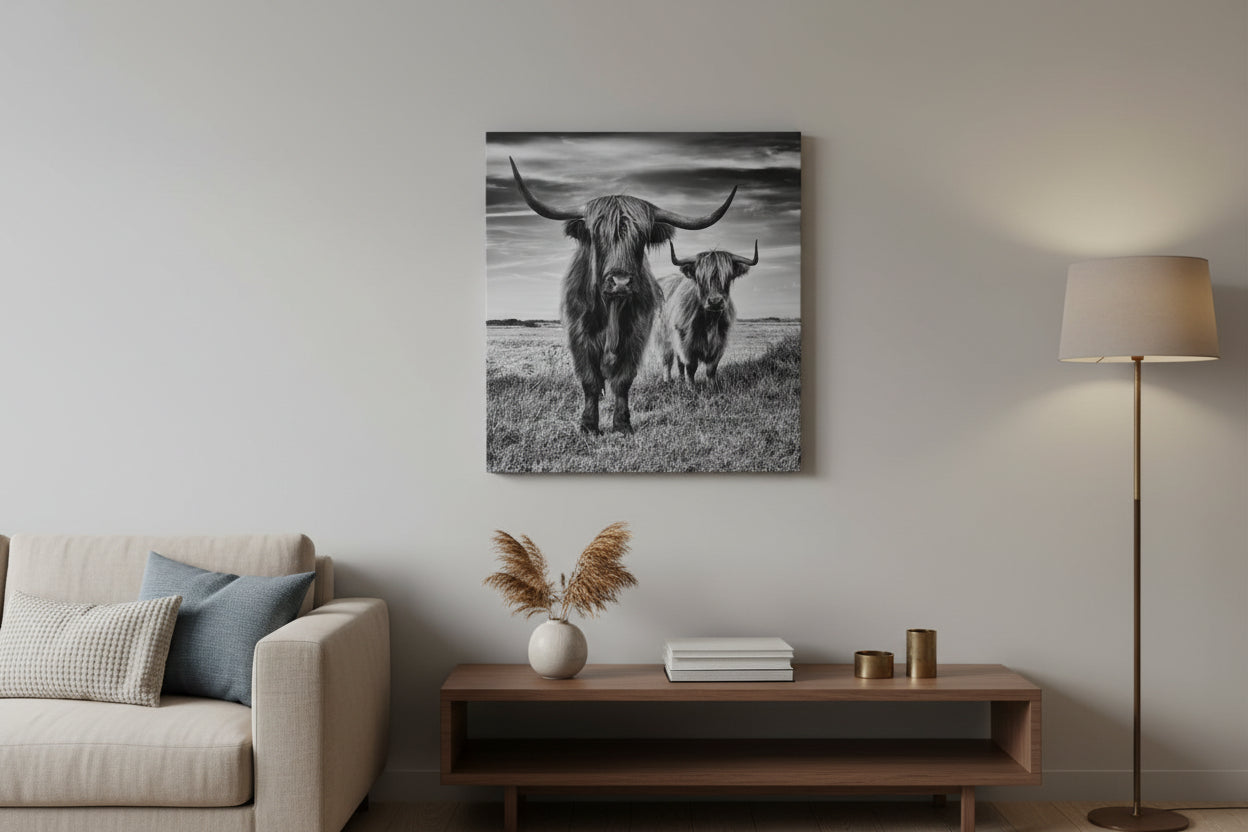 Highland Cows Black & White Photograph 24in x 24in Canvas Print