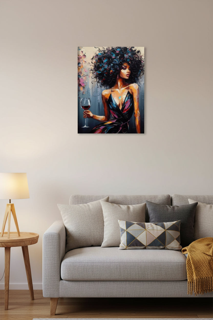 Canvas print hanging on wall , setting in a neutral color tone background of living room .
