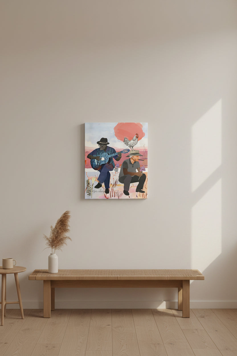 Escuchas | Cuban Men Guitar & Rooster Canvas Print | Latino Heritage Wall Art